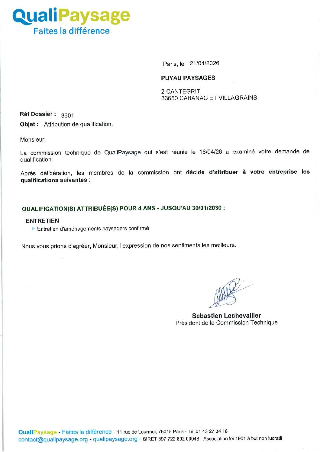 Attribution de qualification Certification QualiPaysages